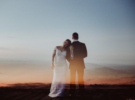 bride and groom at sunset